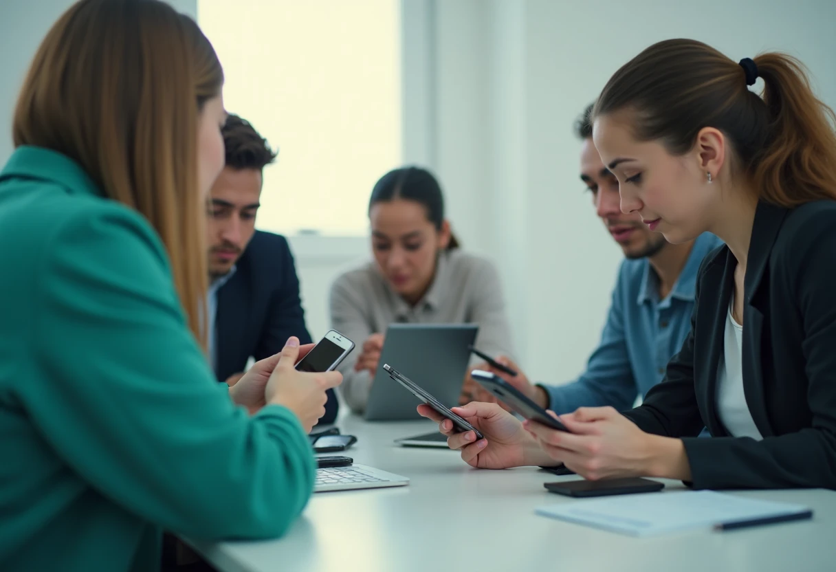 Profissionais jovens usando dispositivos em um ambiente urbano